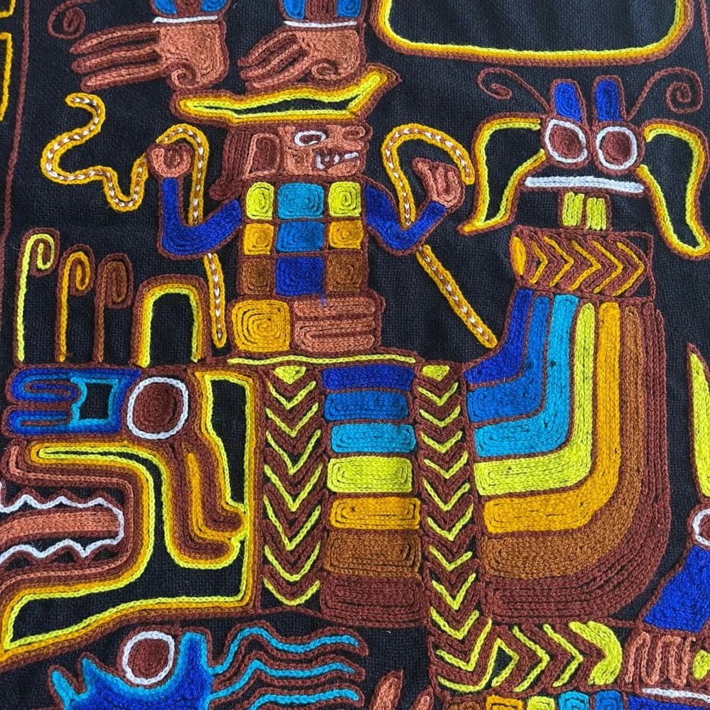 Vintage Peruvian Hand Embroidered Textile Wall Hanging Andean Folk Art Black